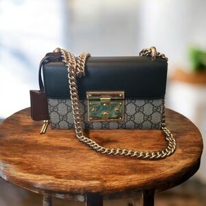 Gucci Black and Gray Padlock Supreme Crossbody Bag with Gold Accents